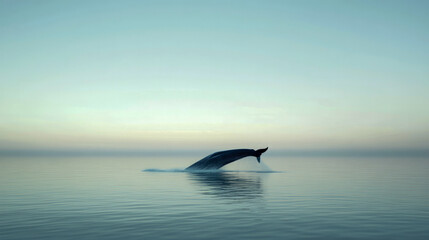 Fototapeta premium Whale tail emerging from ocean at sunset with tranquil horizon