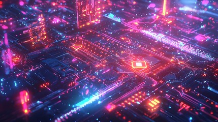 Obraz premium Abstract digital circuitry with glowing neon pink and blue lines and particles.