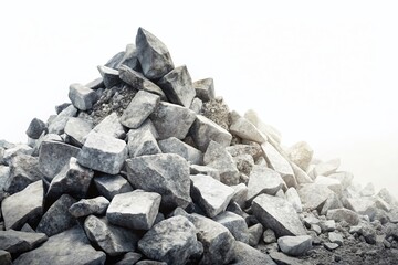 Double Exposure: Grey Rock Pile Abstract, Broken Stones on White Background