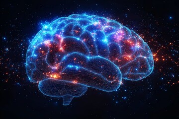 Wireframe brain glowing in the dark represents artificial intelligence, consciousness, thoughts, knowledge, and creativity
