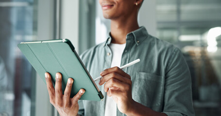 Man, hands and tablet at window for business, planning and smile for creativity in office....