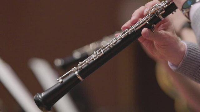 A musician is playing the oboe during a classical symphony orchestra rehearsal