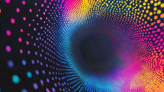 Vibrant abstract spiral of colorful dots with black center