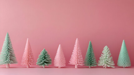 Pastel pink and green miniature christmas trees on pink background