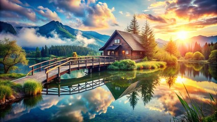 Fototapeta premium Double Exposure Lake House: Sunny Day Bridge Photography