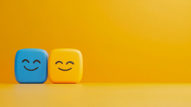 Smiling blue and yellow blocks on vibrant yellow background