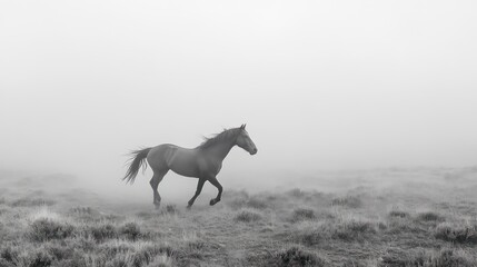 Fototapeta premium A lone horse gallops across a misty field in a monochrome landscape.