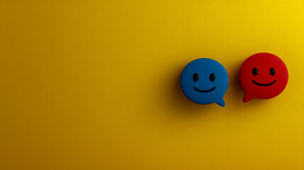 Two smiley face speech bubbles on yellow background