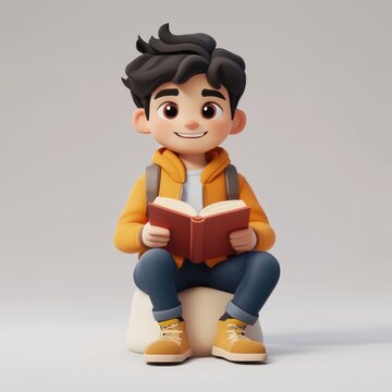 A cheerful cartoon boy sitting and reading a book, an ode to learning and imagination.