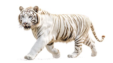White tiger walking, isolated on white background.