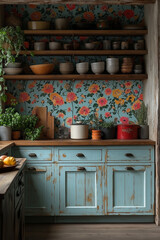 Cuisine Boh&egrave;me Color&eacute;e avec Tapisserie Florale Vive, Armoires Vintage Pastel et &Eacute;tag&egrave;res Ouvertes avec Vaisselle &Eacute;clectique