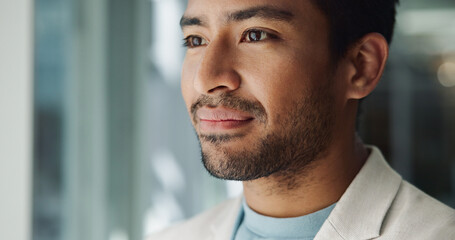 Office, thinking or proud Asian man with ideas, challenge or future plan for creative problem solving. Window, face closeup or business advisor daydreaming of profit growth opportunity or inspiration