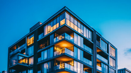 Obraz premium Modern urban apartment building with illuminated windows at dusk