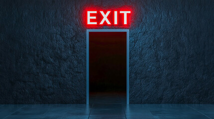 Dimly lit hallway with neon red exit sign over open doorway