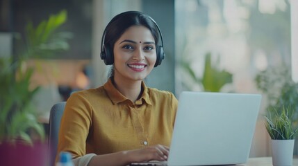 indian businesswoman in an office, working at laptop. Indian manager in her office, using a computer. modern office environment , business related banner.
