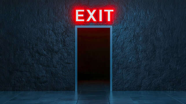 Dimly lit hallway with neon red exit sign over open doorway