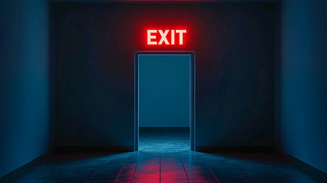 Neon red exit sign above open doorway in dimly lit blue hallway
