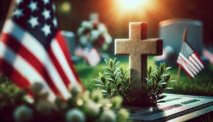 cross graveyard symbol for memorial day with defocused usa flag