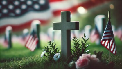 cross graveyard symbol for memorial day with defocused usa flag