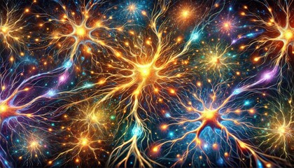 An abstract painting depicting brain and central nervous system neural pathways and the excitation of neurons