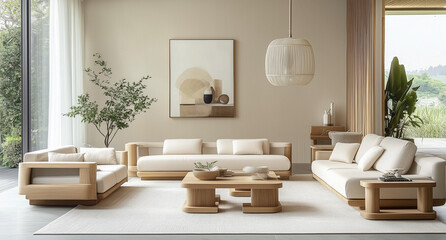 Modern interior japandi style design livingroom. Lighting and sunny scandinavian apartment with plaster and wood. 3d render illustration.