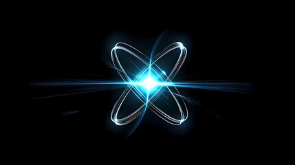 glowing atomic model with bright white electron orbits around a luminous blue core, set against a deep black background.