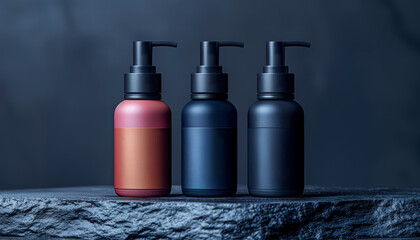 Three dark colored bottles mockup with pumps, possibly containing lotion, shampoo, or other cosmetic products, sit on a dark stone surface modern and minimalist aesthetic.