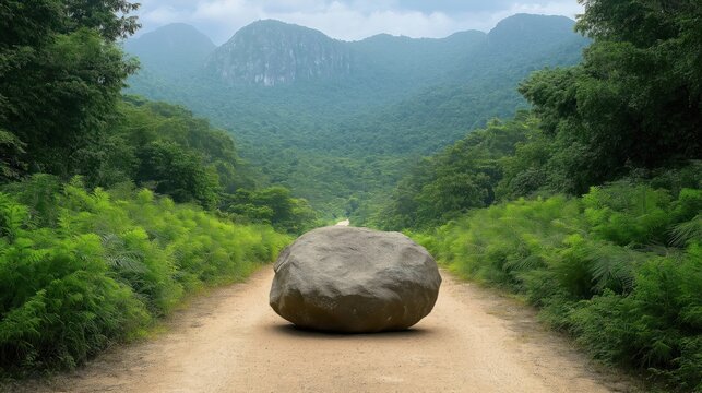 Huge boulder blocks narrow path amidst rich green vegetation. Nature scene emotional obstacles in healing journey. Path represents progress. Boulder signifies challenge to overcome. Setting evokes
