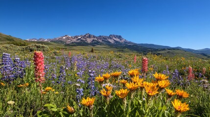 Fototapeta premium Vibrant Wildflower Meadow Under Bright Blue Sky with Mountain Range