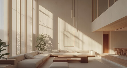 Modern interior japandi style design livingroom. Lighting and sunny scandinavian apartment with plaster and wood. 3d render illustration.