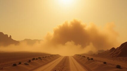 Obraz premium Straight Desert Road Under Smoke-Laden Atmospheric Conditions at Sunset