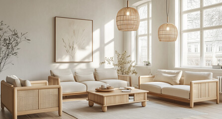 Modern interior japandi style design livingroom. Lighting and sunny scandinavian apartment with plaster and wood. 3d render illustration.