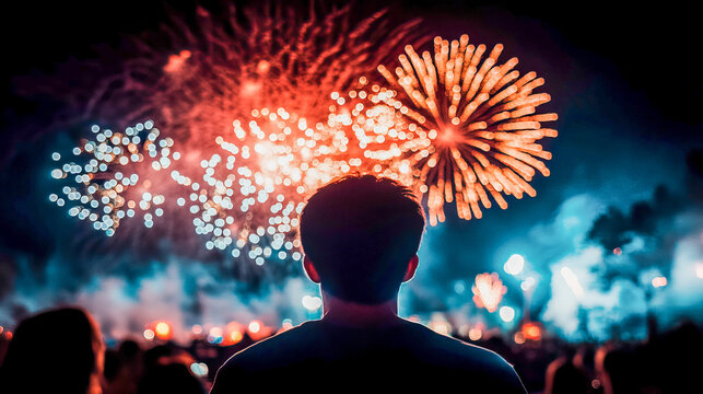 Silhouette of a young male watching fireworks at night festival