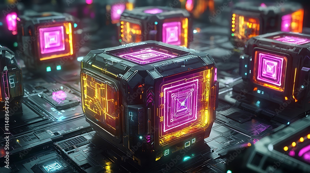 Poster Futuristic email server; glowing cubes display incoming messages on a circuit board.