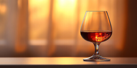 Golden brandy in a snifter catches soft light on a minimal white tabletop, creating a warm ambiance