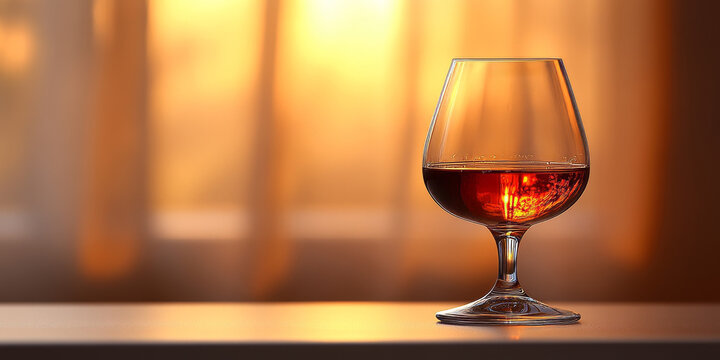 Golden brandy in a snifter catches soft light on a minimal white tabletop, creating a warm ambiance