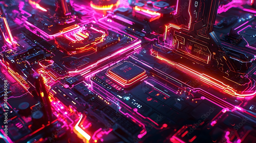 Poster Abstract glowing cyberpunk circuit board with CPU.