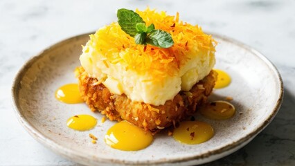 Fried pineapple with coconut crust. Pineapple slices are drizzled with syrup and garnished with a sprig of mint.