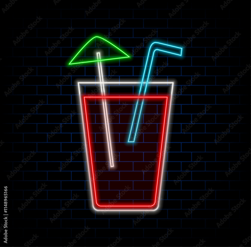 Wall mural Soft drinks neon sign. Glass of lemonade with ice cube on brick wall background. Vector illustration in neon style for family cafe and restaurant