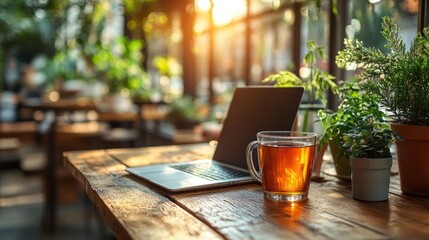 A cozy workspace featuring a laptop, a cup of tea, and potted plants in a sunlit setting.