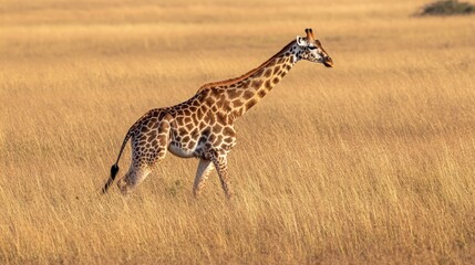 Majestic Giraffe Walking Through Golden Grasslands at Sunrise