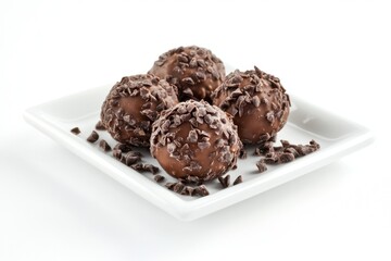 Delicious chocolate truffles coated with chocolate shavings on a white plate