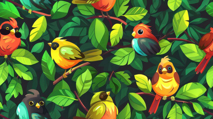 Fototapeta premium Colorful birds nestled among lush green leaves in vibrant cartoon style
