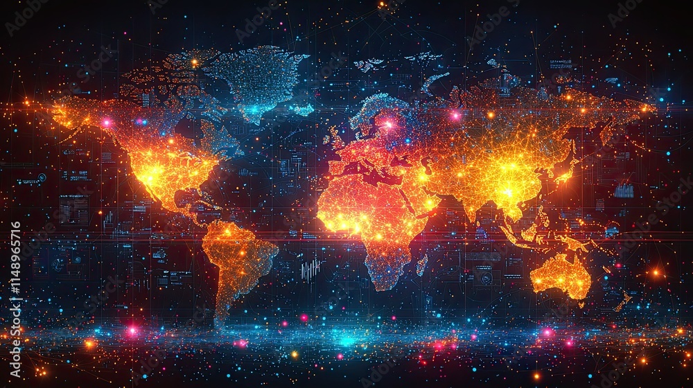 Poster a digital representation of the world map illuminated with vibrant colors and data points.