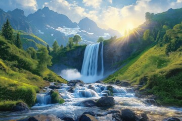 Fototapeta premium Majestic waterfall cascading down mountain rocks. Rich green hills, trees surround serene water flow. Sunlight shines through clouds. Scenic landscape. Natural beauty. Tranquil scene. Ideal for