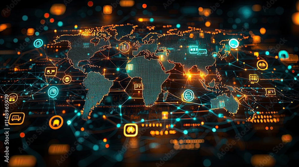 Poster a digital world map with interconnected nodes representing global technology and data flow.