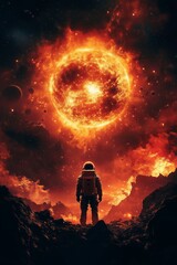Astronaut stands on rocky terrain under a fiery sun in a surreal space landscape filled with planets and cosmic phenomena