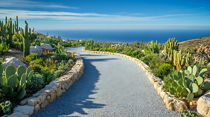 Fototapeta premium Nevada Desert Gravel Pathway with rugged terrain and cactus-lined trail, iconic Southwestern landscape