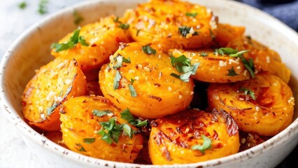 Sweet potato slices baked with parmesan and garlic. The dish is liberally sprinkled with herbs.