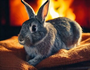 AI generated image of a cozy rabbit sitting in front of a warm fireplace.